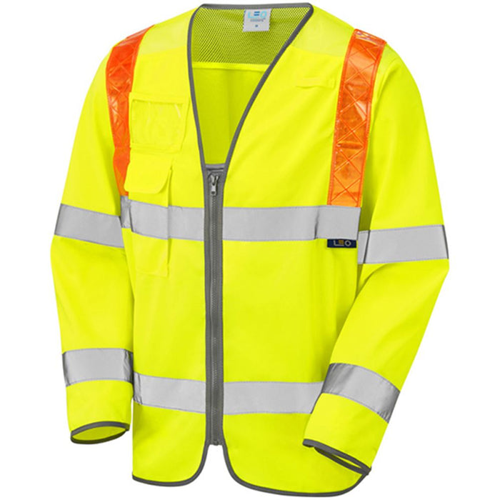 Leo Workwear Barbrook Yellow EcoViz Long Sleeve Zipped Orange Brace Hi Vis Vest