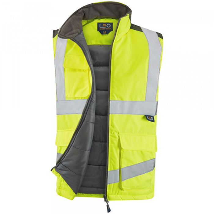 Leo Workwear Torrington Yellow EcoViz Baffle Lined Hi Vis Bodywarmer