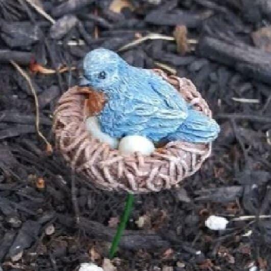 Miniature Bluebird in a Nest, Mama Bird on her Nest, Fairy Garden Bird Nest on a Stake