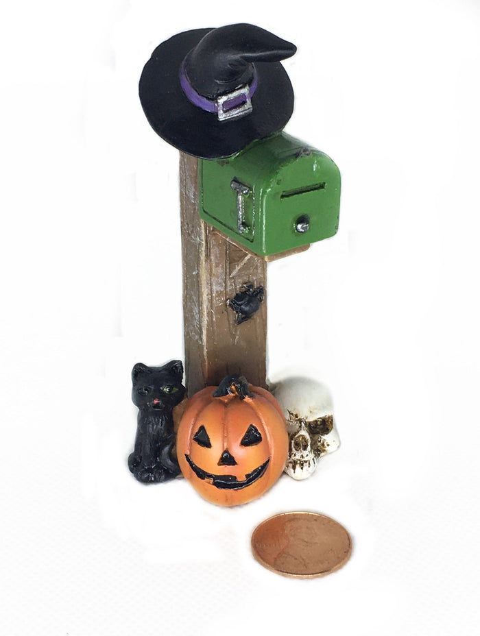 Miniature Halloween Mailbox with a Pumpkin, 4" Green Fall Mailbox, Fall Fairy Garden Accessory