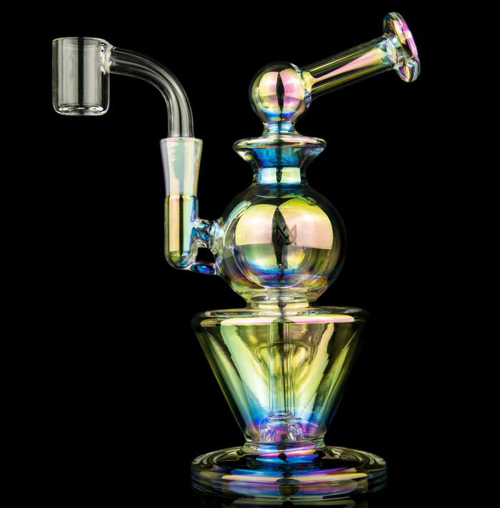 MJ Arsenal Iridescent Gemini Mini Rig – Dual-chamber glass dab rig with iridescent finish, optimized for smooth filtration and cooling in a compact design.