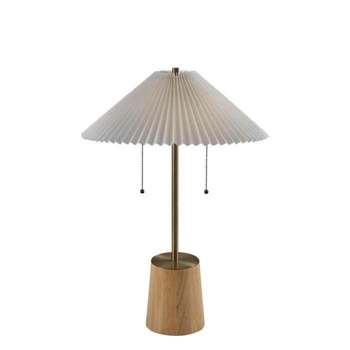 Table lamp with pleated white shade, brass stem, and natural wood cone-shaped base, minimalist home decor lighting