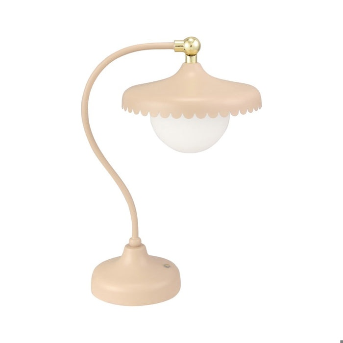 Scalloped edge rechargeable table lamp with curved arm and round frosted glass shade in soft beige tone