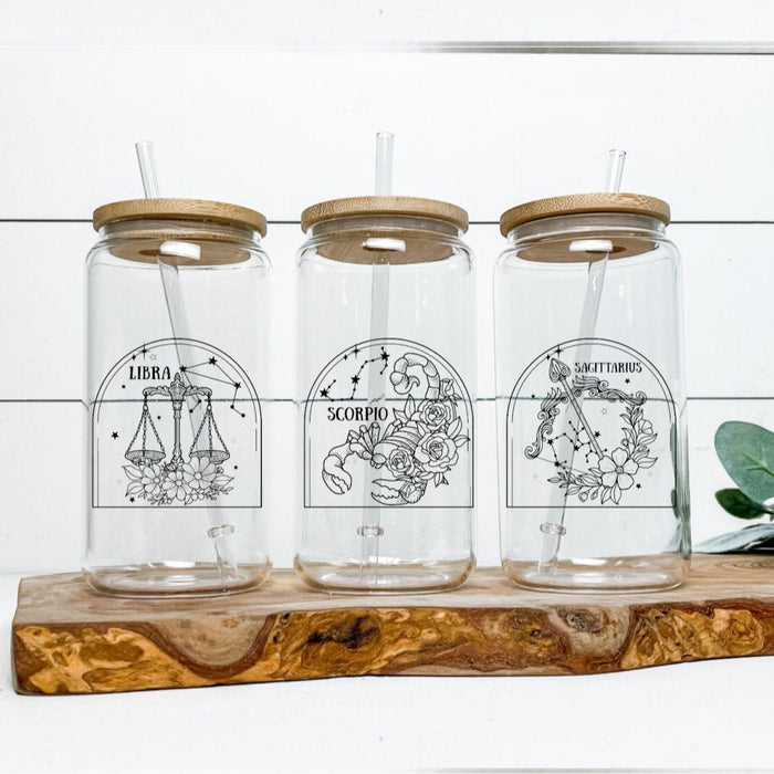 Zodiac Glass Cup with TWO signs - Double Constellation Iced Coffee Cup - Horoscope Sign Drinking Glass - Star Sign Travel Cup