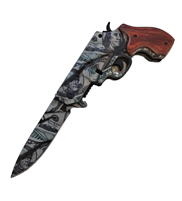 7.5" Spring Assisted 38 Special HAND GUN Pistol REVOLVER Folding Pocket Knife - Dollar Bill Camo - AnyTime Blades