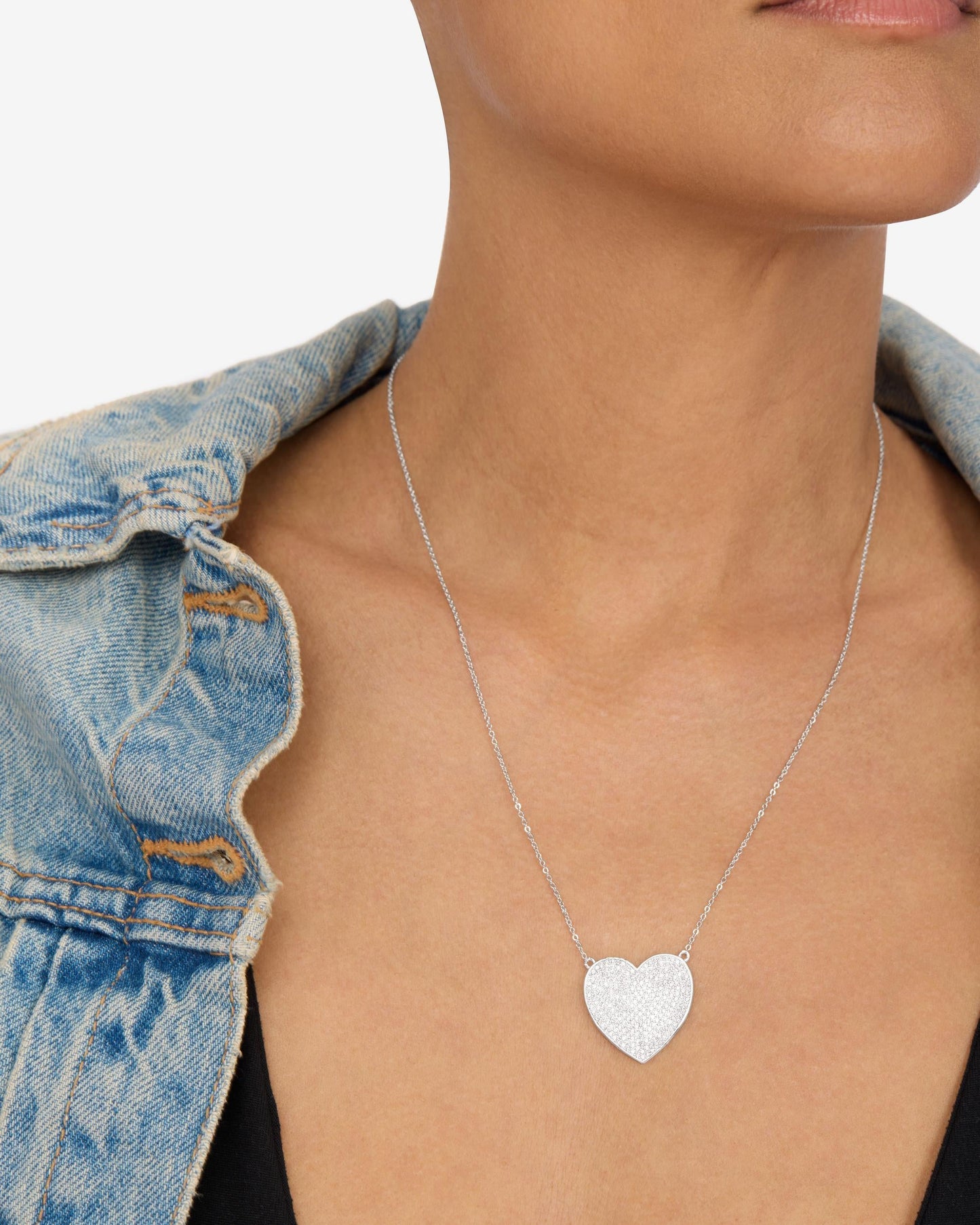 XL You Have My Whole Heart Pavé Necklace - Silver|White Diamondettes