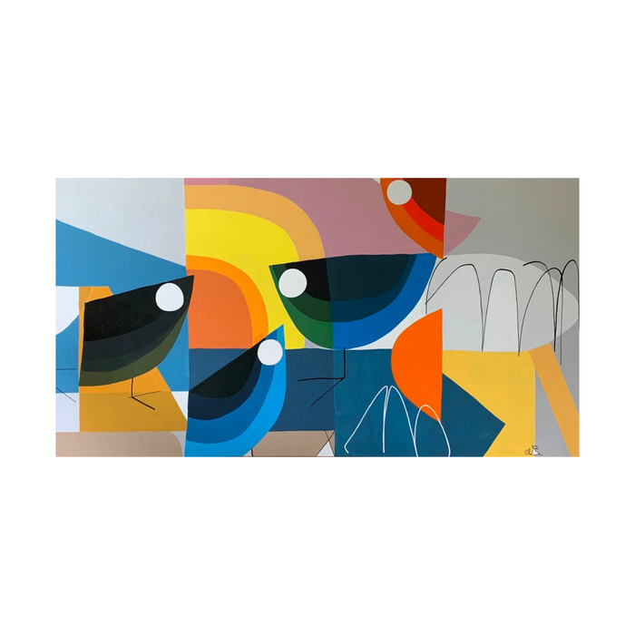 Abstract artwork featuring colorful bird shapes with bold blue, yellow, orange, and green tones in a modern home decor style.