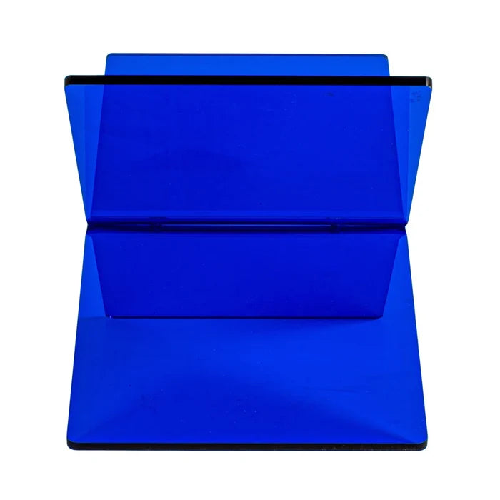 Blue acrylic book stand angled to hold pages open for easy reading or display on flat surfaces