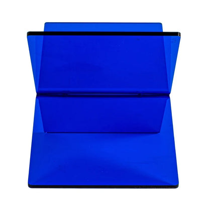 Blue acrylic book stand angled to hold pages open for easy reading or display on flat surfaces