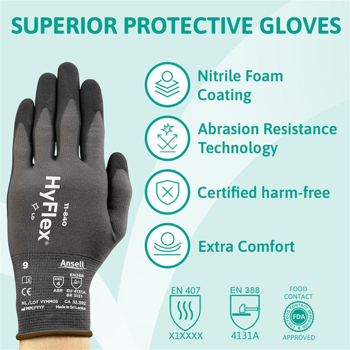 Ansell HyFlex 11-840 Fortix Abrasion Resistant Grip Glove with Foam Nitrile Coating - 15g