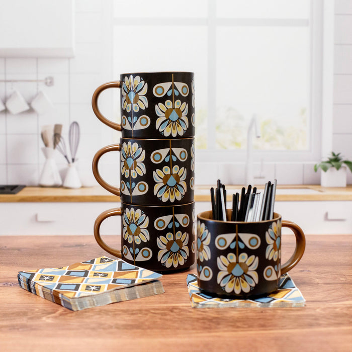Black & Blue Petals Mid Century Mug