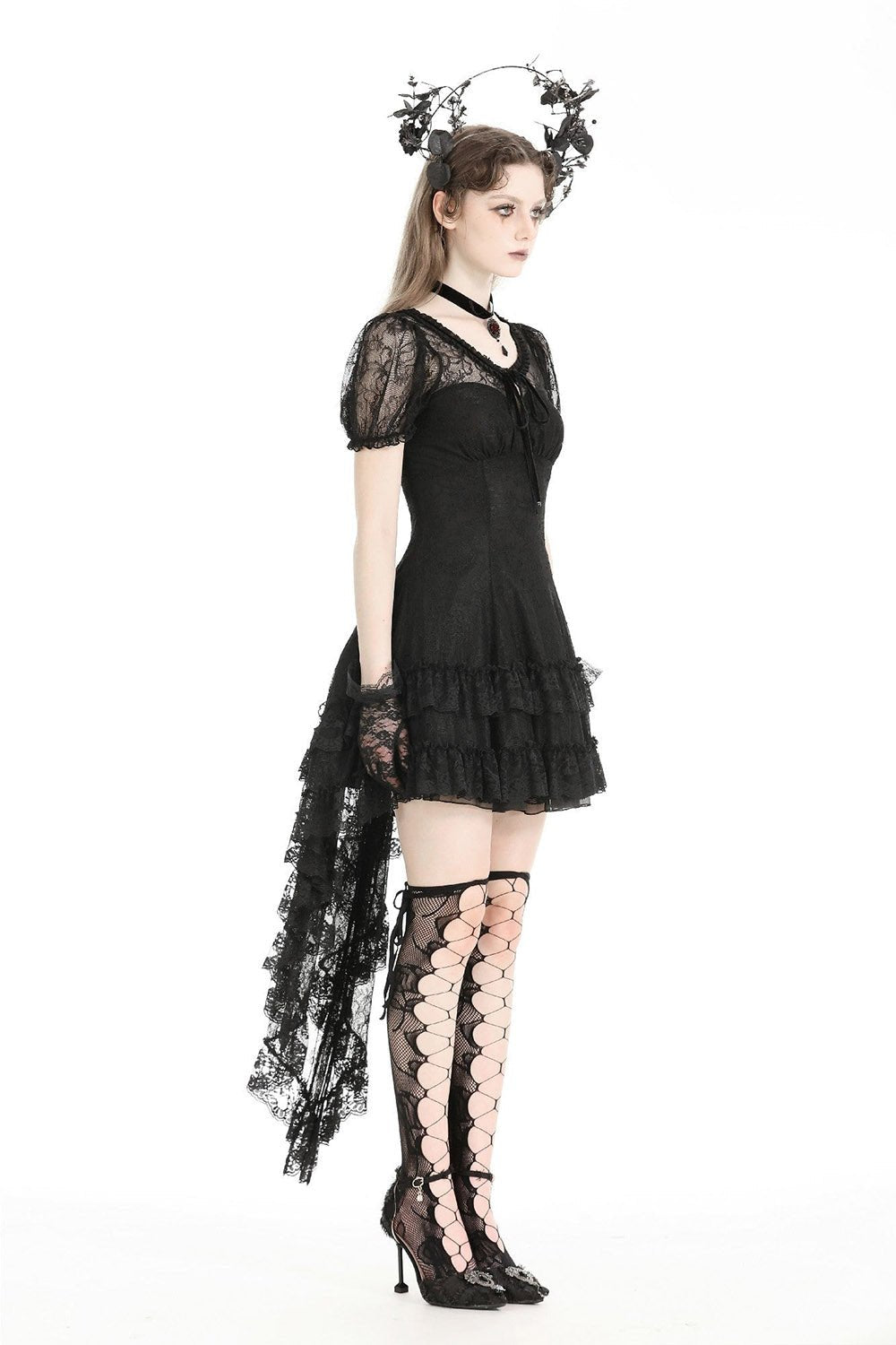 Black Porcelain Babydoll Dress with Train
