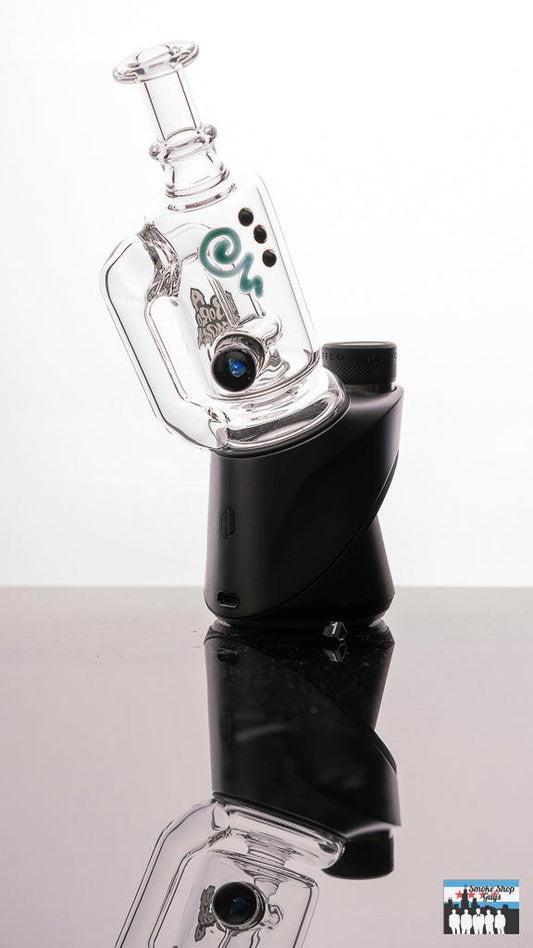 "Boro Farm Decorated Floater Puffco Peak Attachment: A high-quality, hand-decorated Puffco Peak attachment, featuring a vibrant and colorful design. The attachment is made from durable borosilicate glass and is designed to enhance the vaporization experience. The intricate details and vibrant colors of the decoration make it a unique and stylish addition to any dabbing setup."