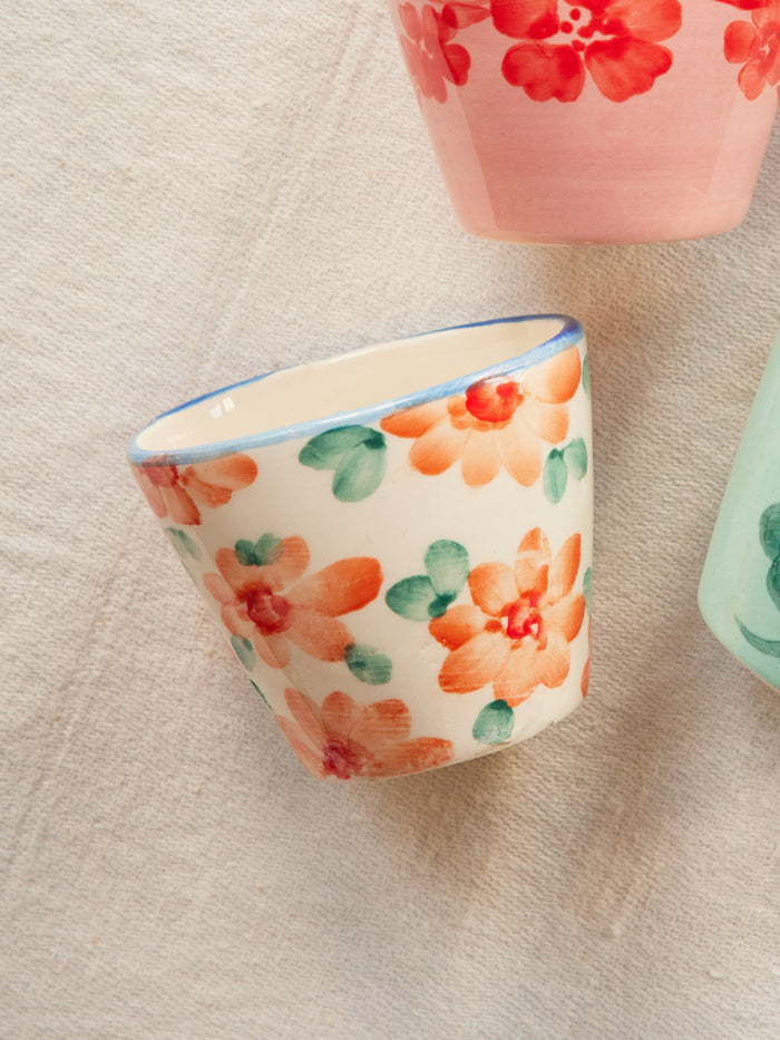 Ceramic Oval Espresso Cup with Hand Painted Orange Flowers - 2.4 oz