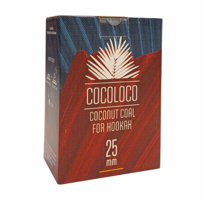 Coco Loco 25mm natural coconut charcoal – 72-count box for hookah and grilling, providing consistent heat with minimal ash.