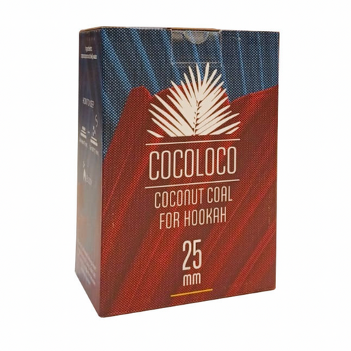 Coco Loco 25mm natural coconut charcoal – 72-count box for hookah and grilling, providing consistent heat with minimal ash.