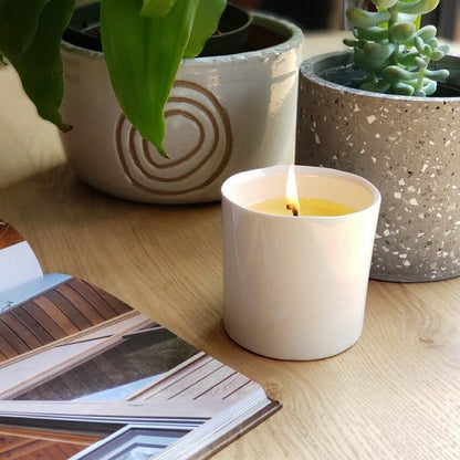 Lit white candle on wooden table beside potted plants and an open book, creating cozy home decor ambiance