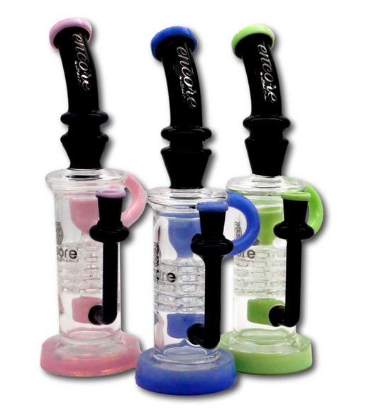 Encore Glass 9" Gothic Ratchet Recycler with artistic design, superior filtration, and smooth airflow, available in assorted colors.