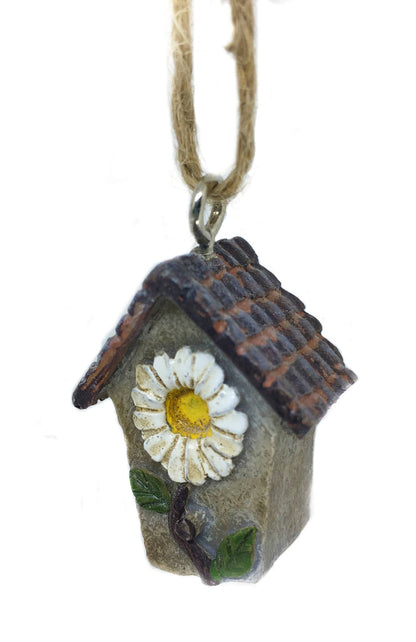 Miniature Daisy Birdhouse with Shepherds Hook, 1.5" Hanging Birdhouse, Fairy Garden Accessory