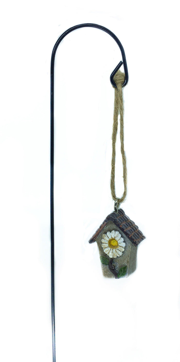 Miniature Daisy Birdhouse with Shepherds Hook, 1.5" Hanging Birdhouse, Fairy Garden Accessory
