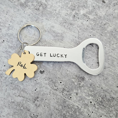 GET LUCKY Personalized St. Patrick's Day Beer Bottle Opener Keychain - St. Paddy's Day Gift for Husband Salt and Sparkle