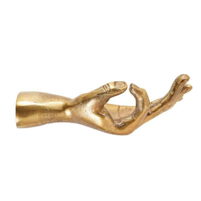 Gold metallic wall hook shaped like an open hand with detailed fingers and smooth finish for home decor
