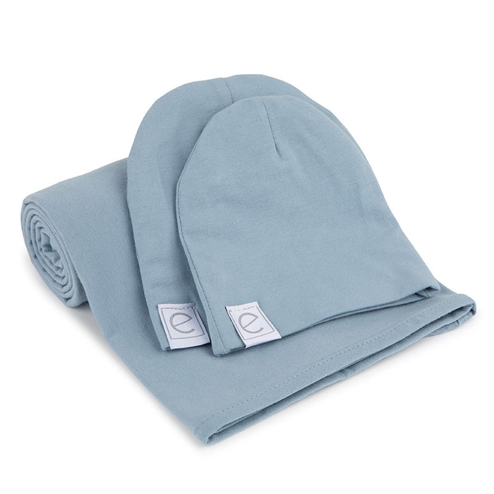 Jersey Knit Dusty Blue Cotton Swaddle Blanket and Beanie Gift Set