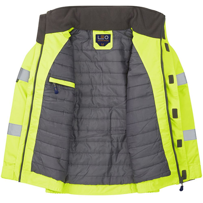 Leo Workwear Portmore Yellow EcoViz 4K Waterproof Baffle Lined Orange Brace Superior Hi Vis Bomber Jacket