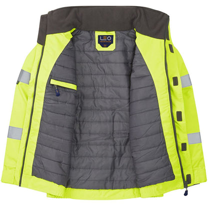 Leo Workwear Portmore Yellow EcoViz 4K Waterproof Baffle Lined Orange Brace Superior Hi Vis Bomber Jacket