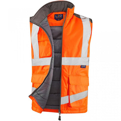 Leo Workwear Torrington Orange EcoViz Baffle Lined Orange Hi Vis Bodywarmer