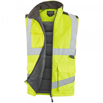 Leo Workwear Torrington Yellow EcoViz Baffle Lined Hi Vis Bodywarmer