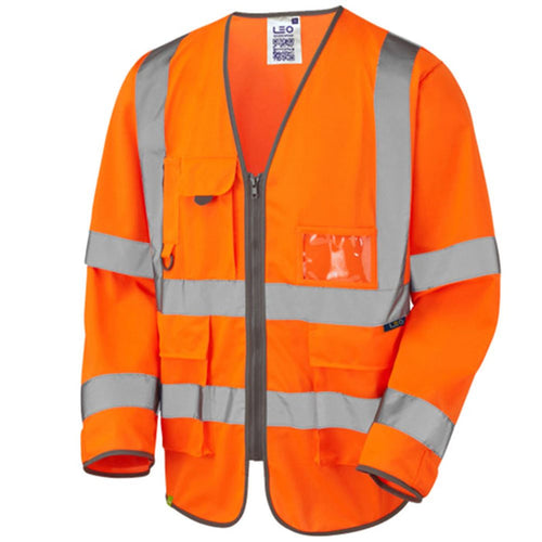 Leo Workwear Wrafton Orange EcoViz Long Sleeve Superior Hi Vis Vest