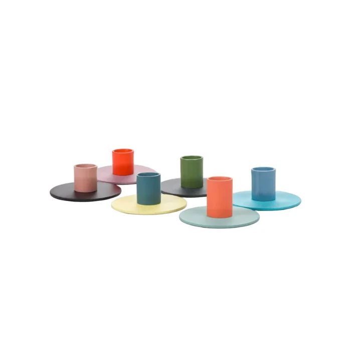 Set of colorful metal candle holders in two-tone design with varying pastel and bright shades for home decor.