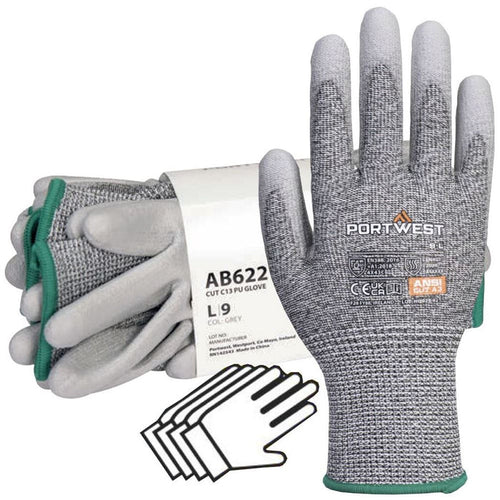 MultiSAVE Pack 12 - Portwest Cut C Grip Glove with PU Coating 13g AB622 (12 Pairs)