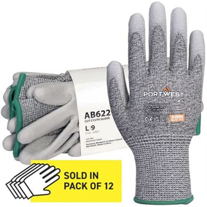 MultiSAVE Pack 12 - Portwest Cut C Grip Glove with PU Coating 13g AB622 (12 Pairs)