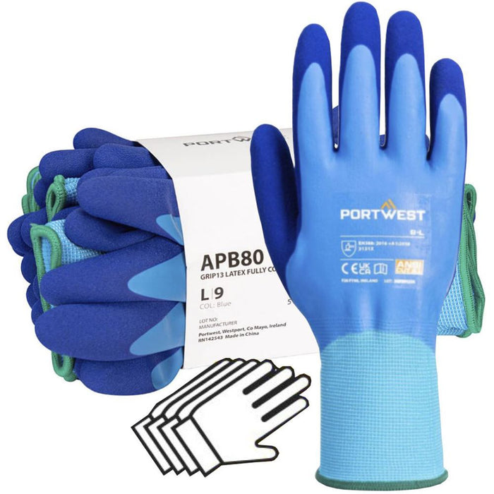 MultiSAVE Pack 12 - Portwest Waterproof Work Gloves with Latex Foam Coating 13g APB80 (12 Pairs)