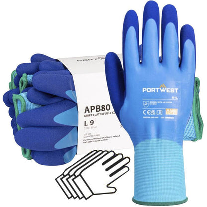 MultiSAVE Pack 12 - Portwest Waterproof Work Gloves with Latex Foam Coating 13g APB80 (12 Pairs)