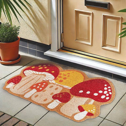Colorful mushroom-shaped welcome mat placed outside a beige front door on a tiled porch