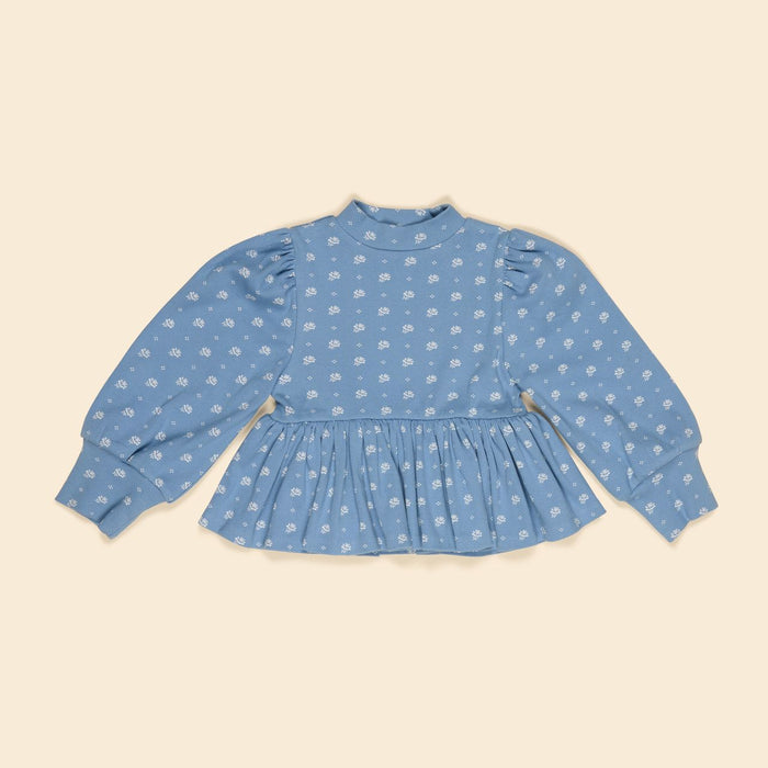 Mya Peplum Jersey Top in Mountain Calico Blue