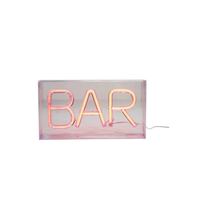 Pink neon light sign displaying the word "BAR" inside a clear rectangular casing with a power cord attached.