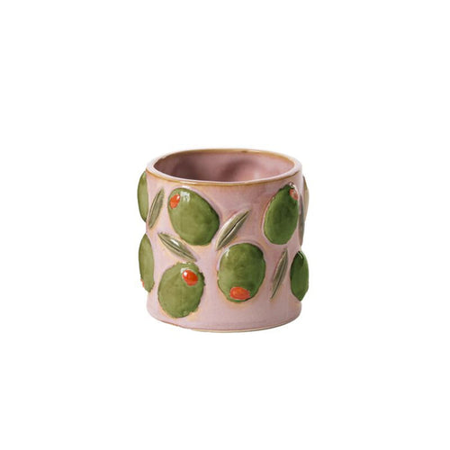 Small ceramic pot with raised green olives and leaves design, ideal for holding plants or decorative use
