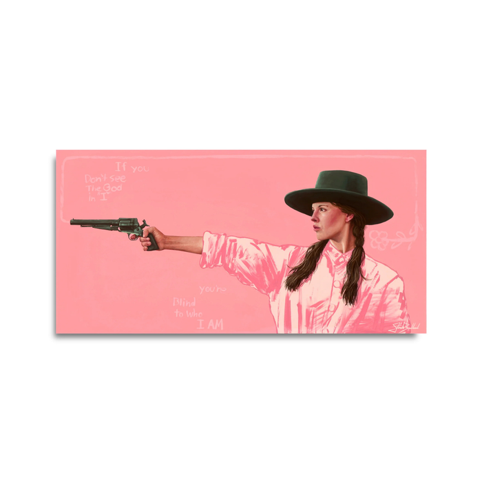 Woman in a wide-brimmed hat aiming a revolver against a solid pink background with subtle text details.