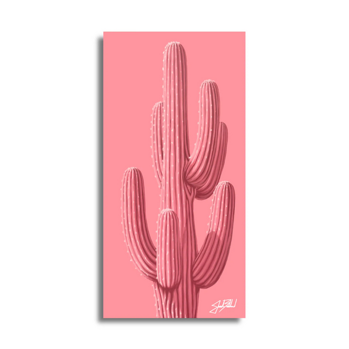 Pink sculptural cactus artwork on a solid pink background, modern home decor piece