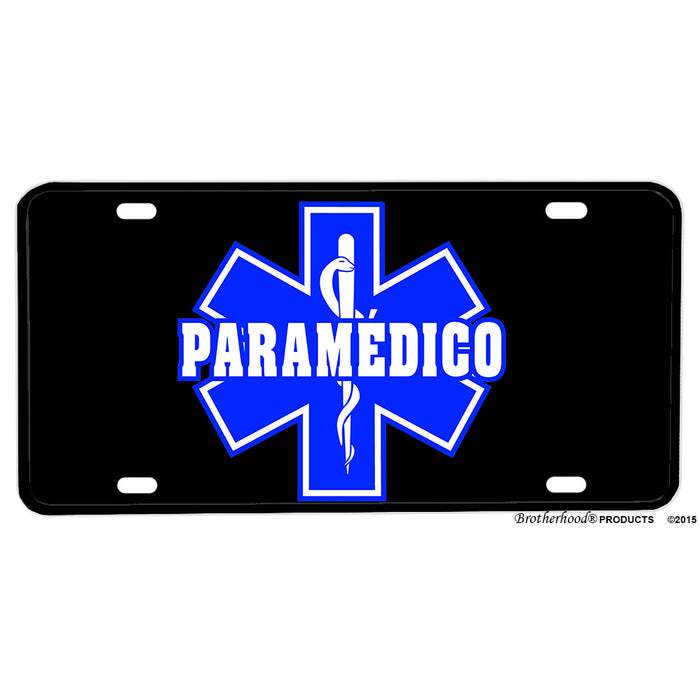 Spanish Paramedico Star of Life Distressed American Flag Aluminum License Plate