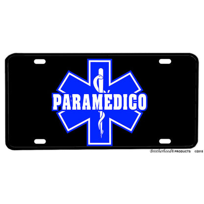 Spanish Paramedico Star of Life Distressed American Flag Aluminum License Plate