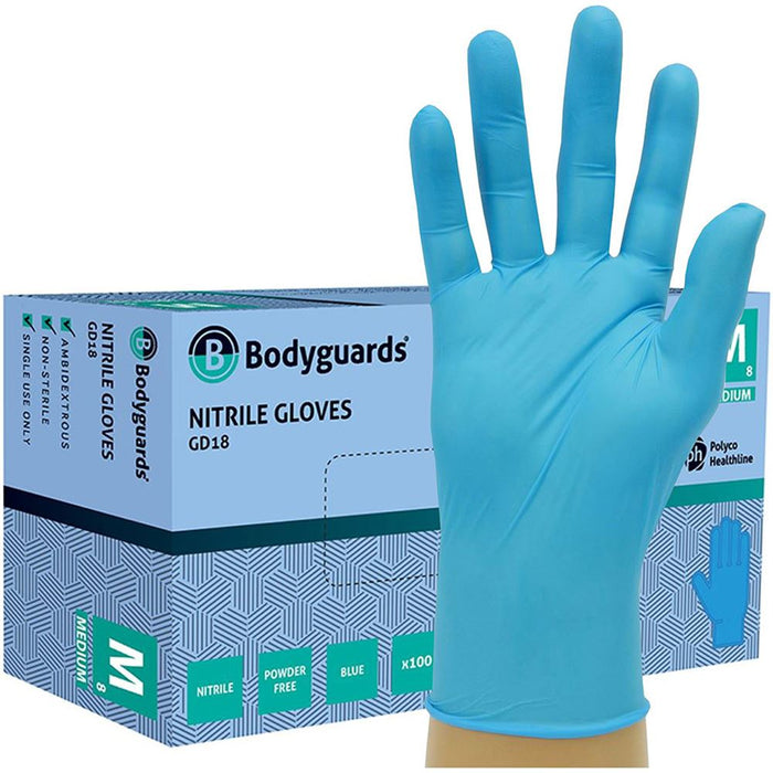 Polyco Bodyguards GD18 Blue Nitrile Powder Free Disposable Gloves AQL4.0 (Box 100)