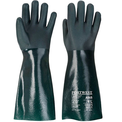 Portwest A845 Double Dipped PVC Chemical Resistant Gauntlet Gloves with Sandy Palm 45cm