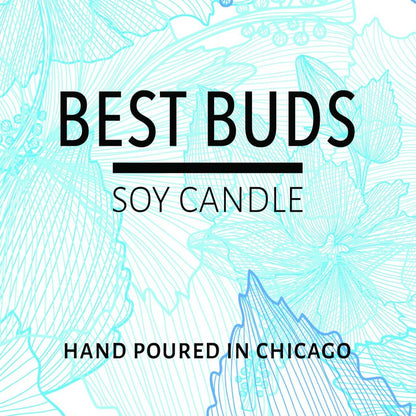 Packaging label displaying "Best Buds Soy Candle" with light blue floral line art background and text "Hand Poured in Chicago