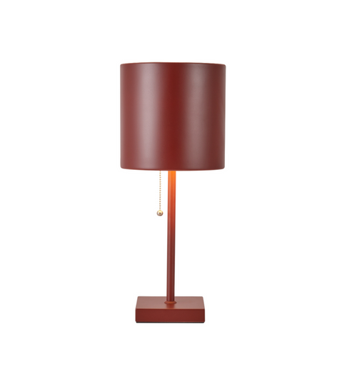 Minimalist red metal table lamp with cylindrical shade and pull chain switch, ideal for modern home decor lighting