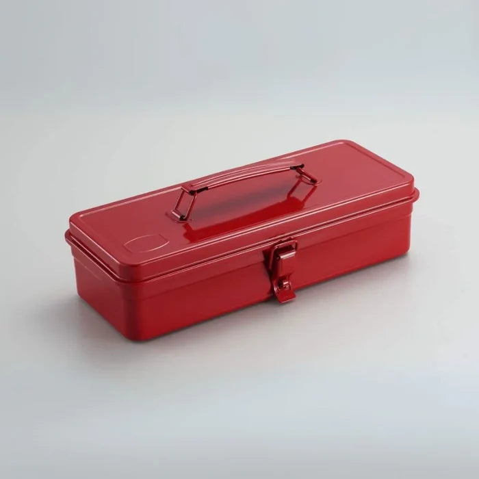 Compact red steel toolbox with handle and latch, ideal for storing and organizing tools securely.